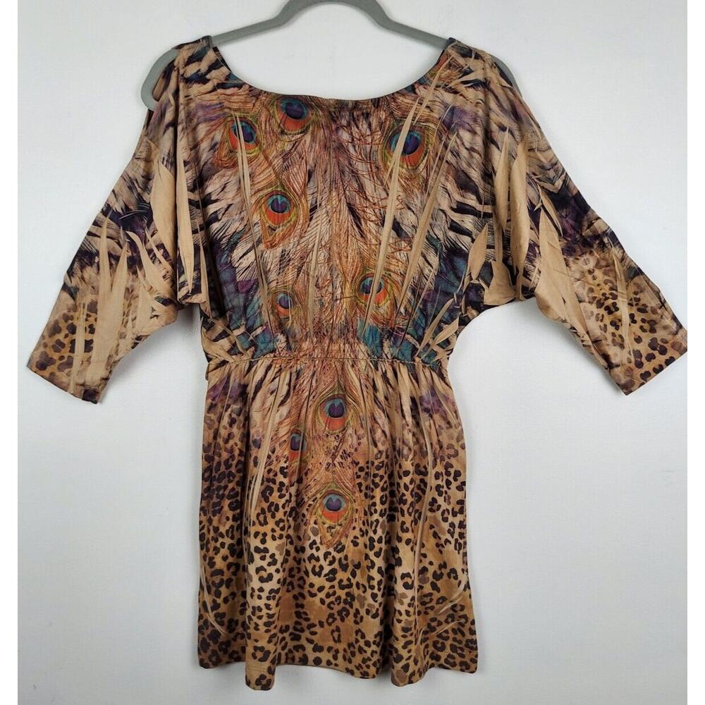 ICON Womens SMALL Peacock Animal Print Soft Tunic Mini Short Dress Cold Shoulder